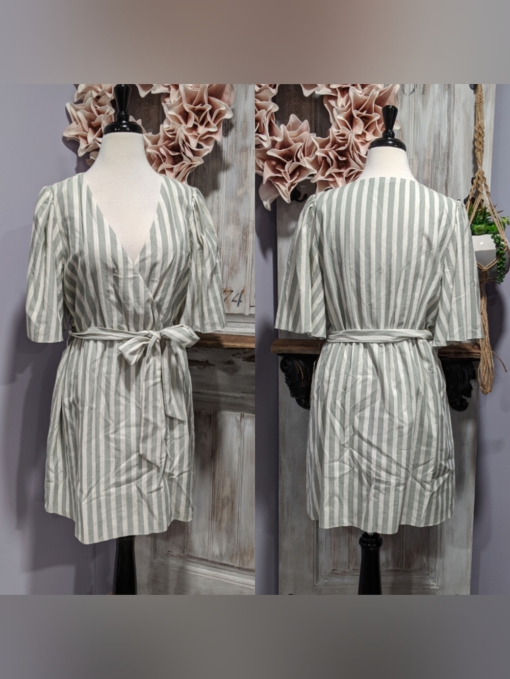 NWT Gianni Bini Sage & White Striped Wrap Dress